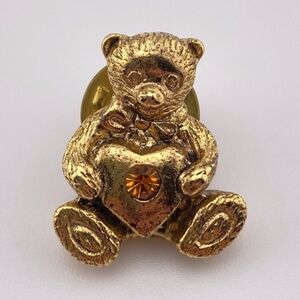 Vintage Teddy Bear Heart Gold Tone Pin
